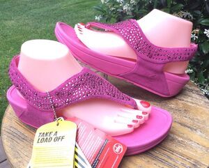 FitFlop Size 9 Hot Pink Suisei Sandals Crystals Sling Back Comfort Platform Shoe